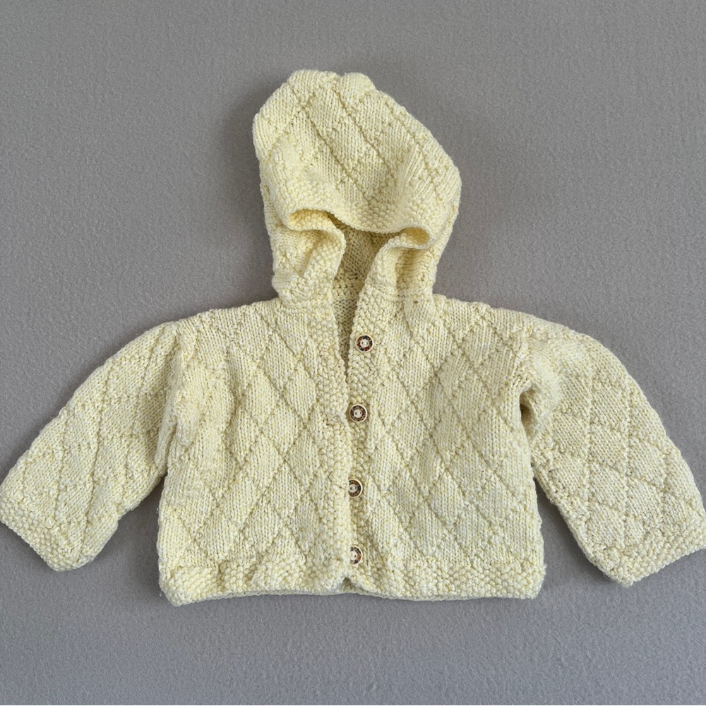 VTG Handmade Baby Girl Yellow Crochet Knit Quilted Sweater No Size Floral Button